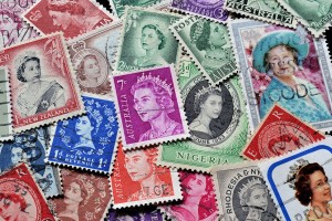 A collage of stamps depicting the Queen